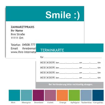 Terminkarte mit Adresse, Bildmotiv Smile, Farbauswahl 